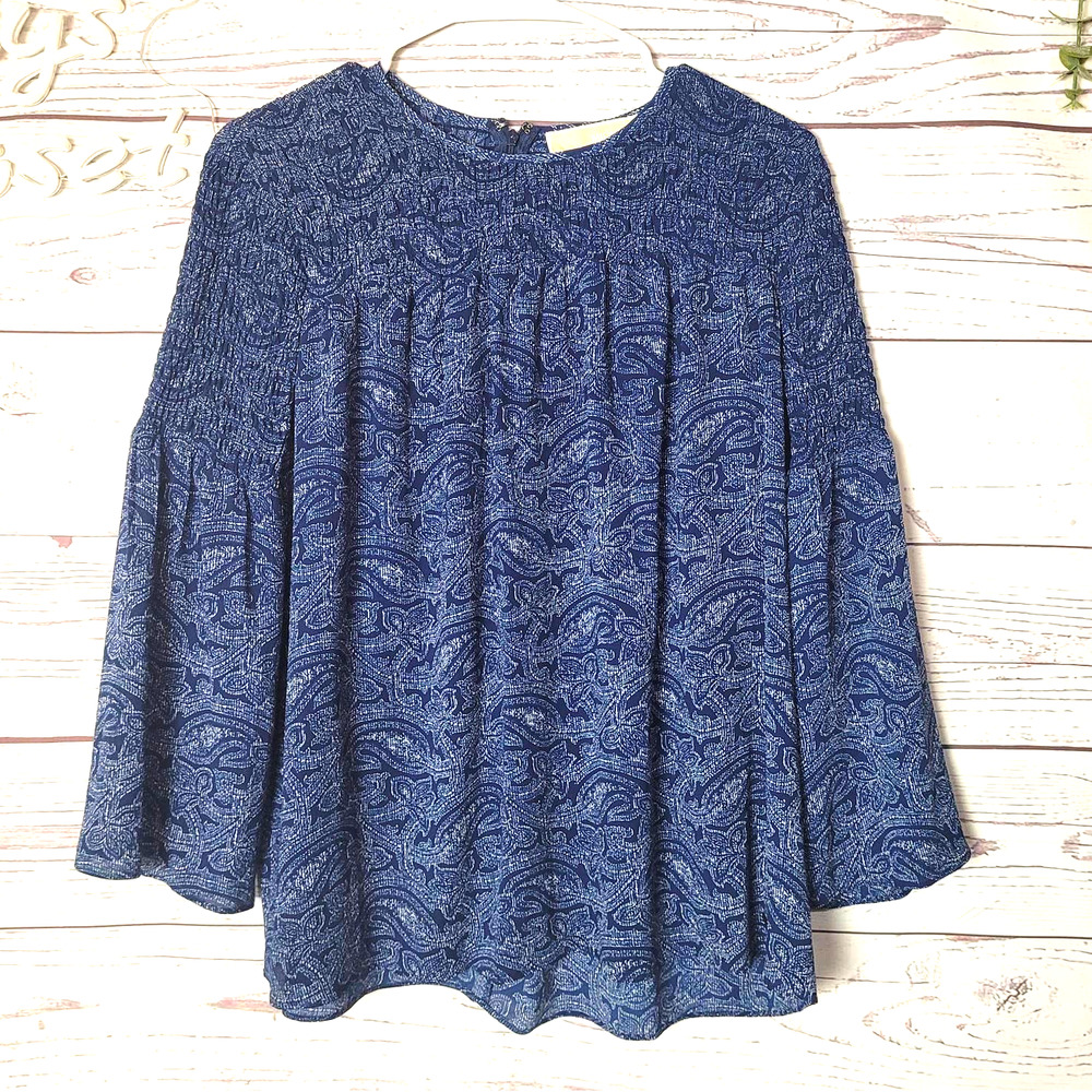 MICHAEL Michael Kors Blue‎ Smocked Paisley Bell Sleeve Blouse Womans Size Medium